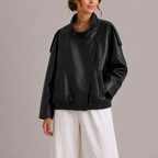 Women's Oversized Leather Style Jacket with High Collar and Asymmetric Front