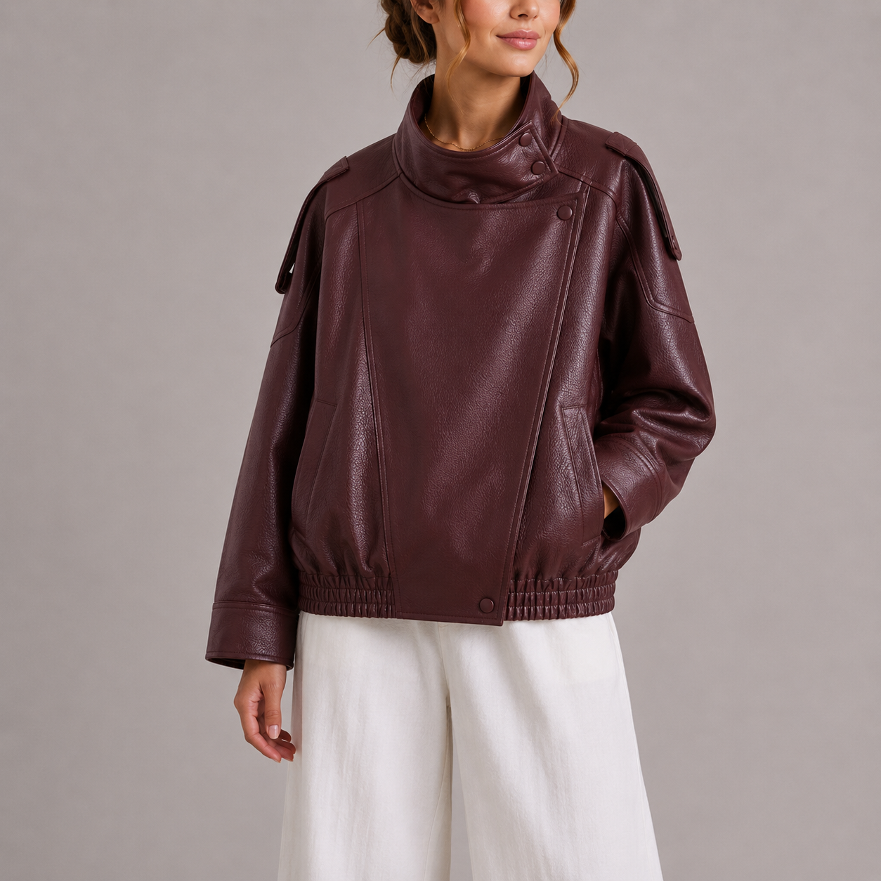Women's Oversized Leather Style Jacket with High Collar and Asymmetric Front