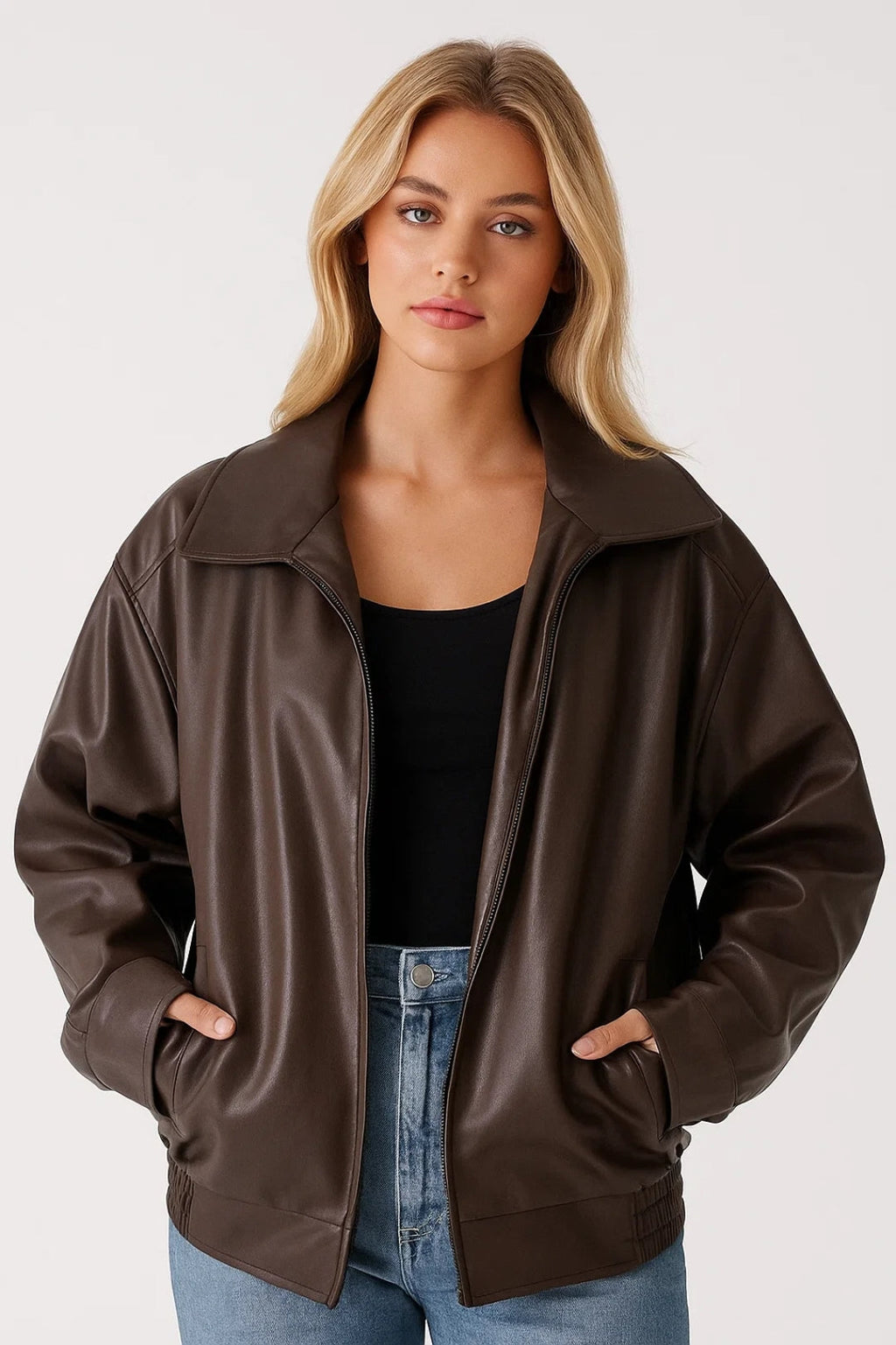 Women's Oversized Leather Style Jacket with Collar and Zip Front