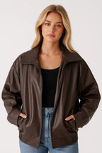 Women's Oversized Leather Style Jacket with Collar and Zip Front