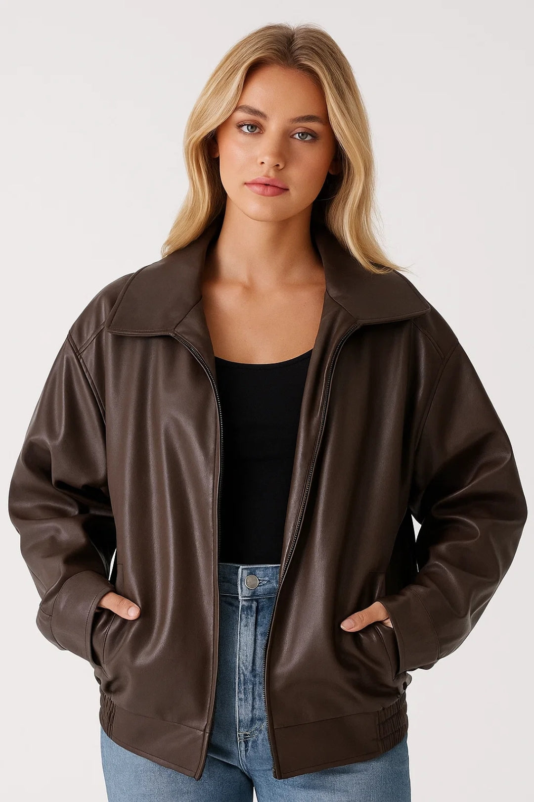 Women's Oversized Leather Style Jacket with Collar and Zip Front