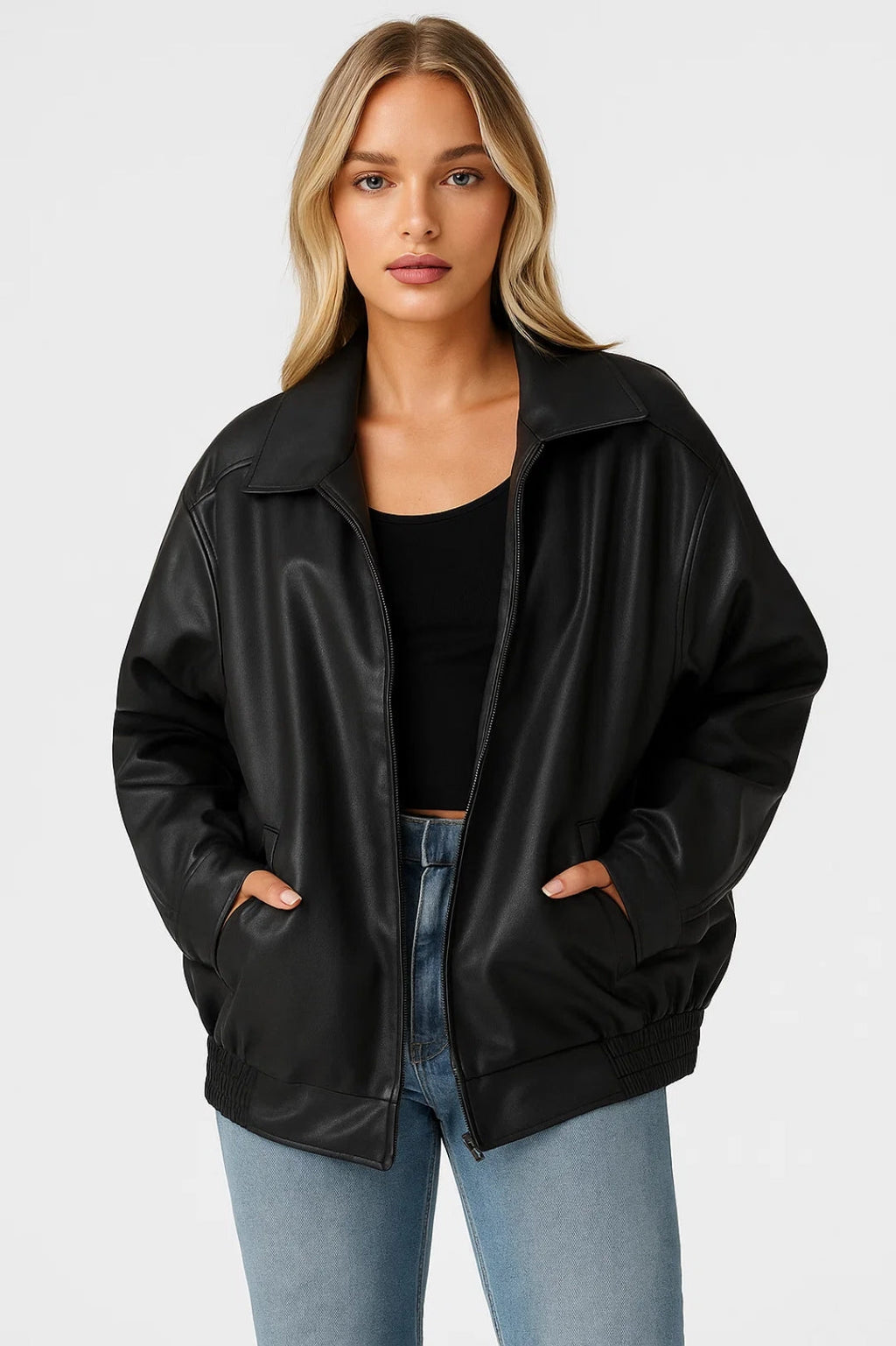 Women's Oversized Leather Style Jacket with Collar and Zip Front