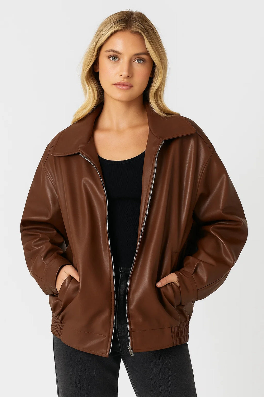 Women's Oversized Leather Style Jacket with Collar and Zip Front