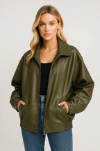 Women's Oversized Leather Style Jacket with Collar and Zip Front