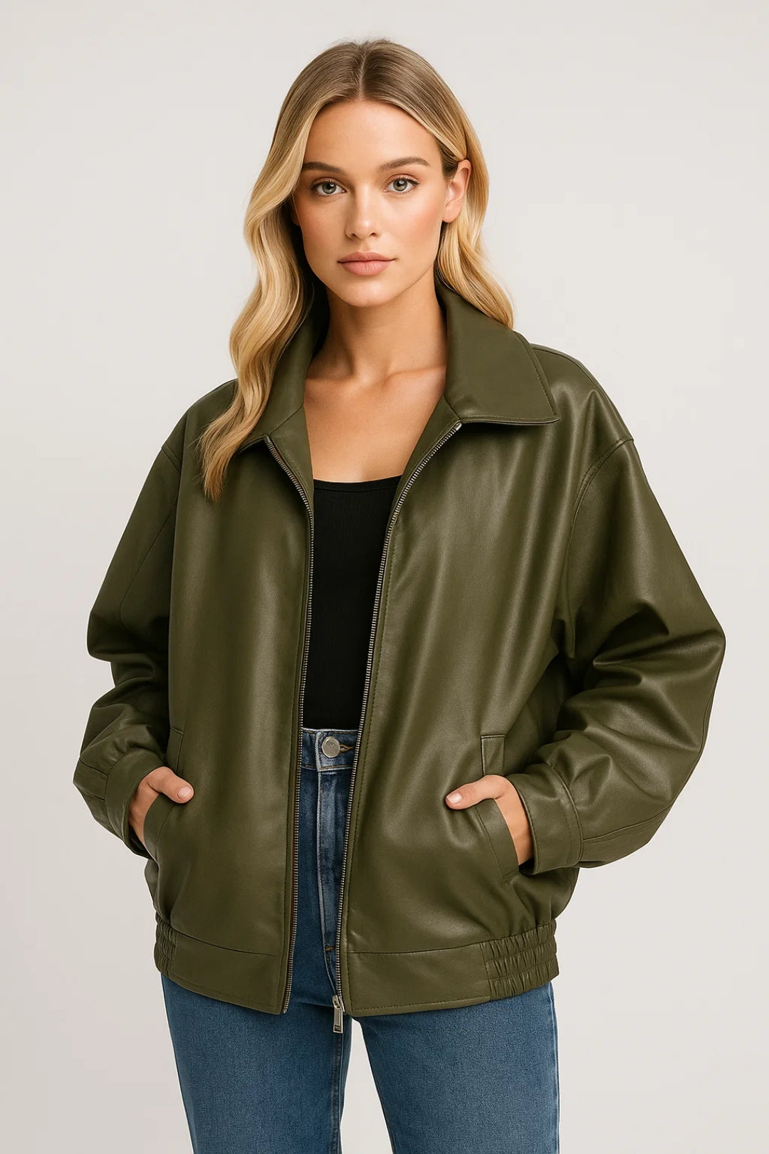 Women's Oversized Leather Style Jacket with Collar and Zip Front
