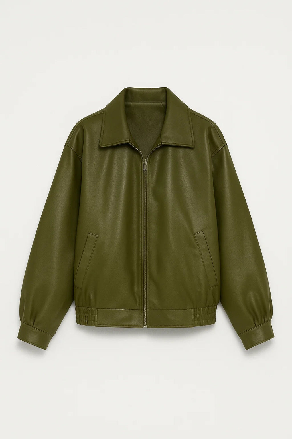 Women's Oversized Leather Style Jacket with Collar and Zip Front