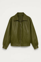 Women's Oversized Leather Style Jacket with Collar and Zip Front