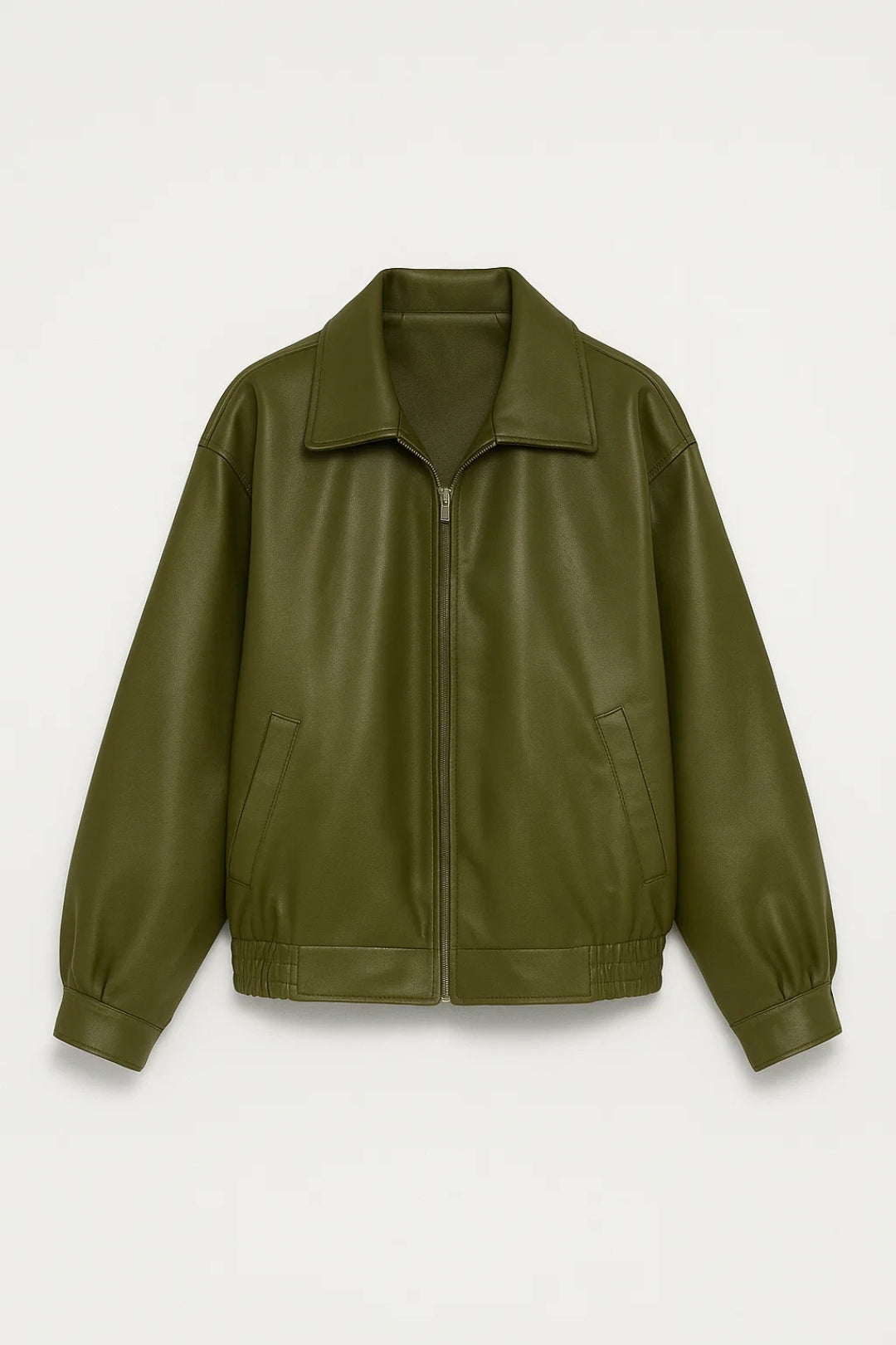 Women's Oversized Leather Style Jacket with Collar and Zip Front