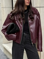 Women's Oversized Leather Style Bomber Jacket with Zip Front