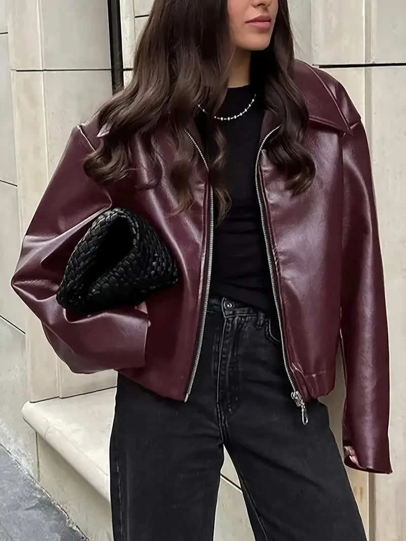 Women's Oversized Leather Style Bomber Jacket with Zip Front