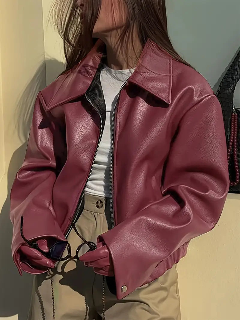 Women's Oversized Leather Style Bomber Jacket with Zip Front