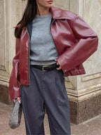 Women's Oversized Leather Style Bomber Jacket with Zip Front
