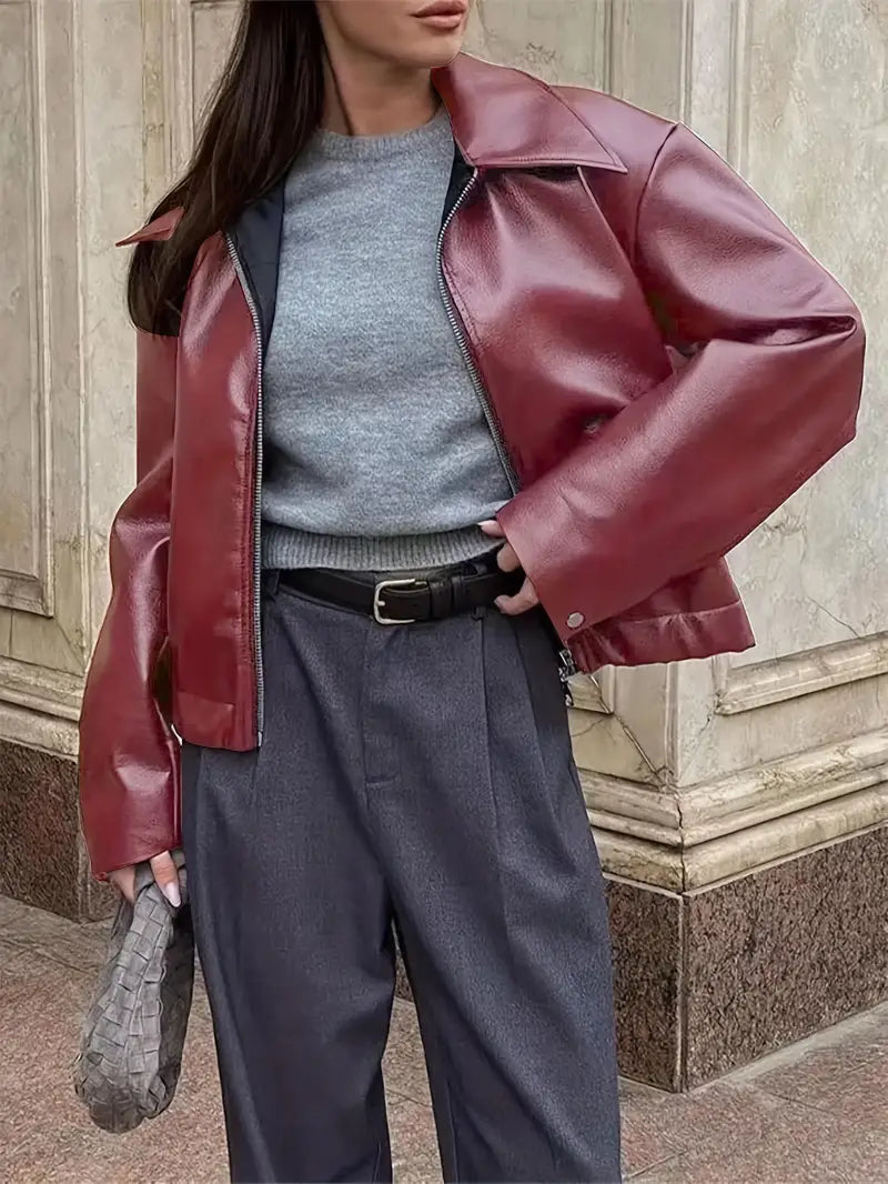 Women's Oversized Leather Style Bomber Jacket with Zip Front