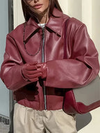 Women's Oversized Leather Style Bomber Jacket with Zip Front