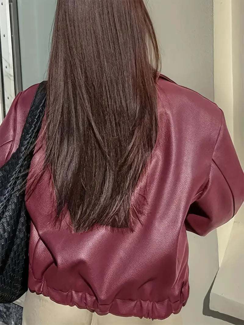 Women's Oversized Leather Style Bomber Jacket with Zip Front