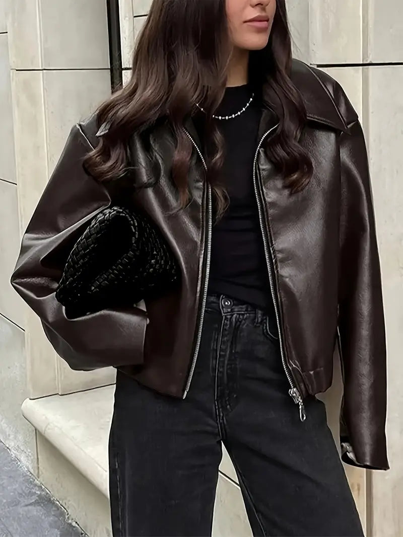 Women's Oversized Leather Style Bomber Jacket with Zip Front