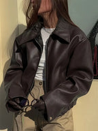 Women's Oversized Leather Style Bomber Jacket with Zip Front