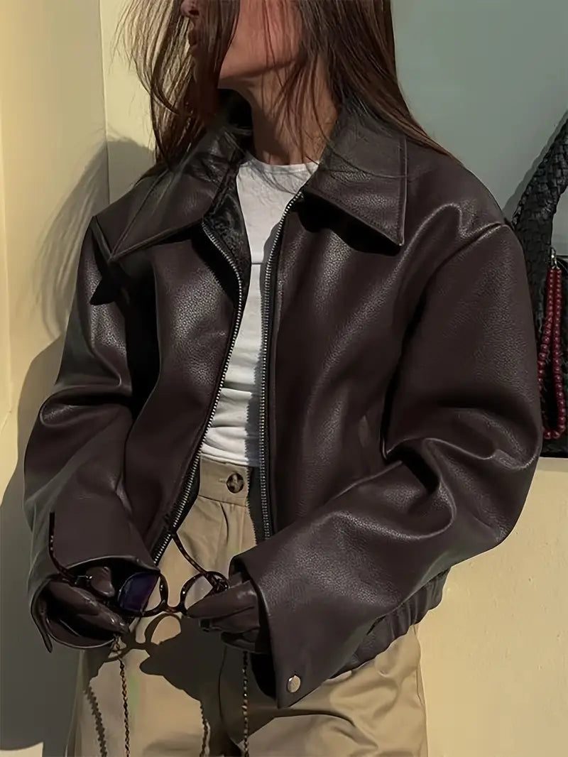 Women's Oversized Leather Style Bomber Jacket with Zip Front