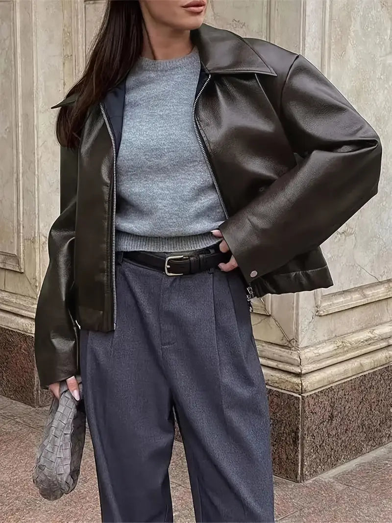 Women's Oversized Leather Style Bomber Jacket with Zip Front