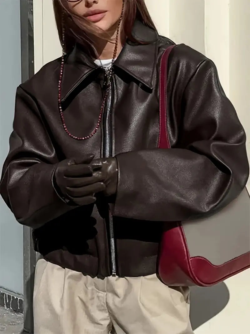 Women's Oversized Leather Style Bomber Jacket with Zip Front