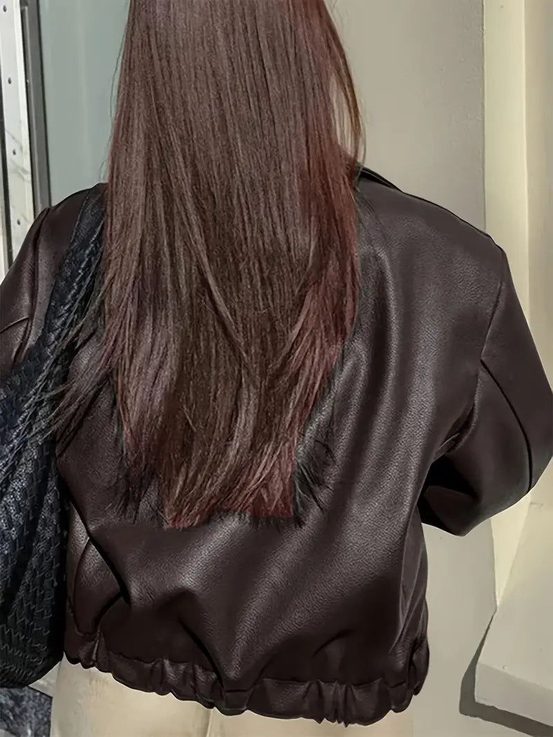 Women's Oversized Leather Style Bomber Jacket with Zip Front