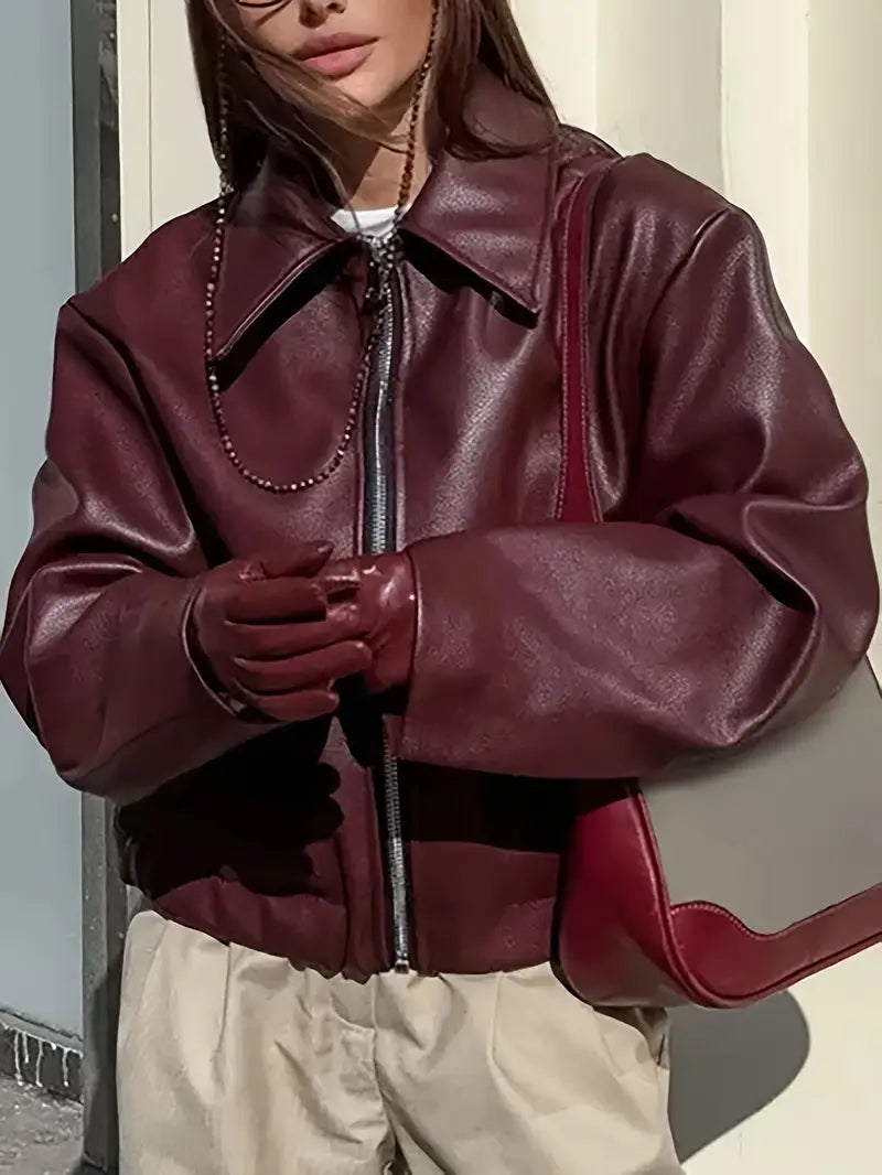 Women's Oversized Leather Style Bomber Jacket with Zip Front