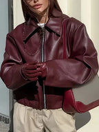 Women's Oversized Leather Style Bomber Jacket with Zip Front