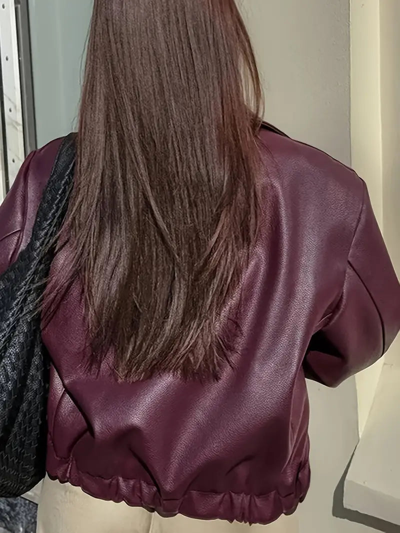 Women's Oversized Leather Style Bomber Jacket with Zip Front