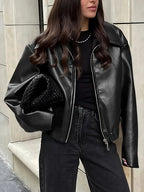 Women's Oversized Leather Style Bomber Jacket with Zip Front