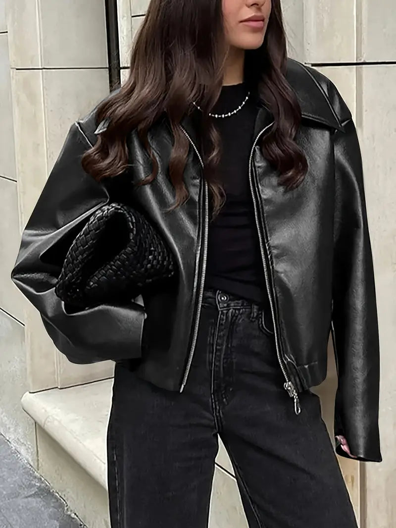 Women's Oversized Leather Style Bomber Jacket with Zip Front
