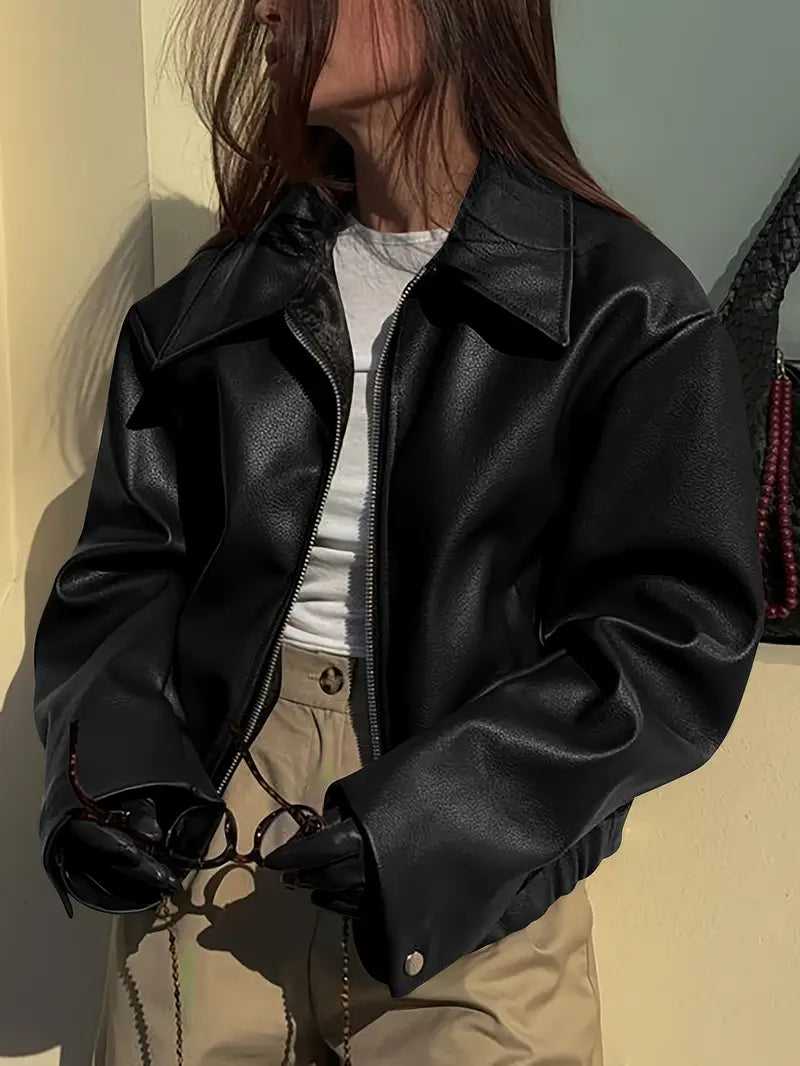 Women's Oversized Leather Style Bomber Jacket with Zip Front