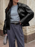 Women's Oversized Leather Style Bomber Jacket with Zip Front