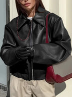 Women's Oversized Leather Style Bomber Jacket with Zip Front