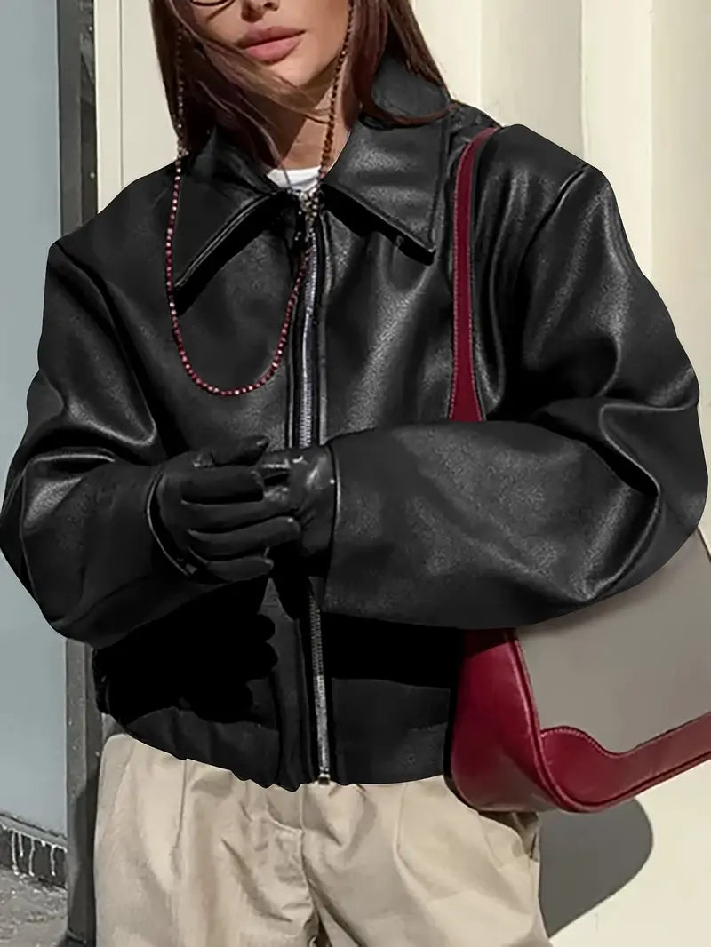 Women's Oversized Leather Style Bomber Jacket with Zip Front