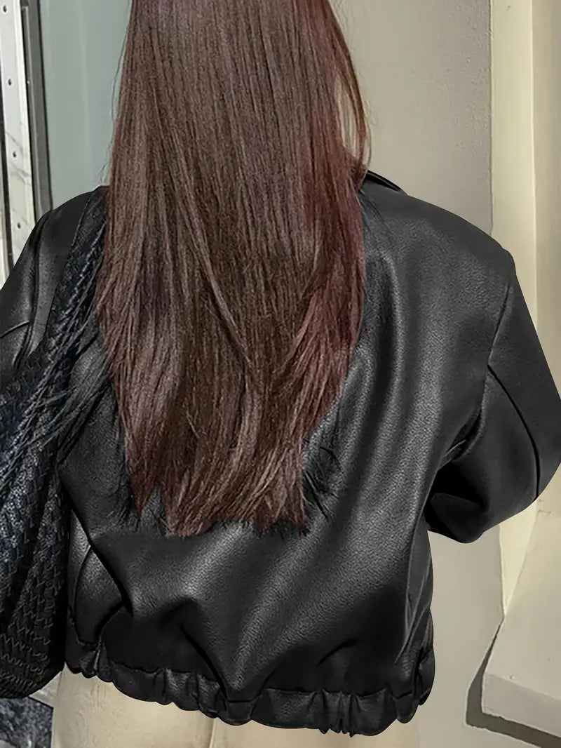 Women's Oversized Leather Style Bomber Jacket with Zip Front