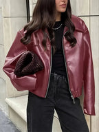 Women's Oversized Leather Style Bomber Jacket with Zip Front