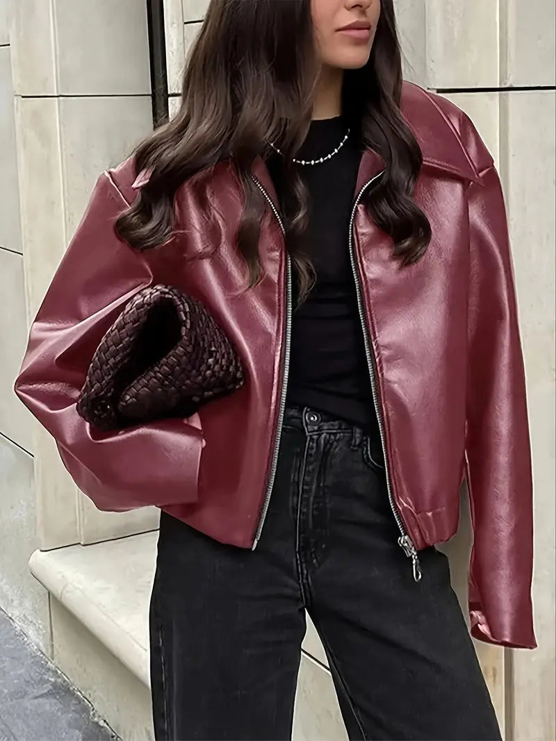 Women's Oversized Leather Style Bomber Jacket with Zip Front