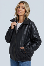 Women's Oversized Leather Style Bomber Jacket with Zip Front and Collar