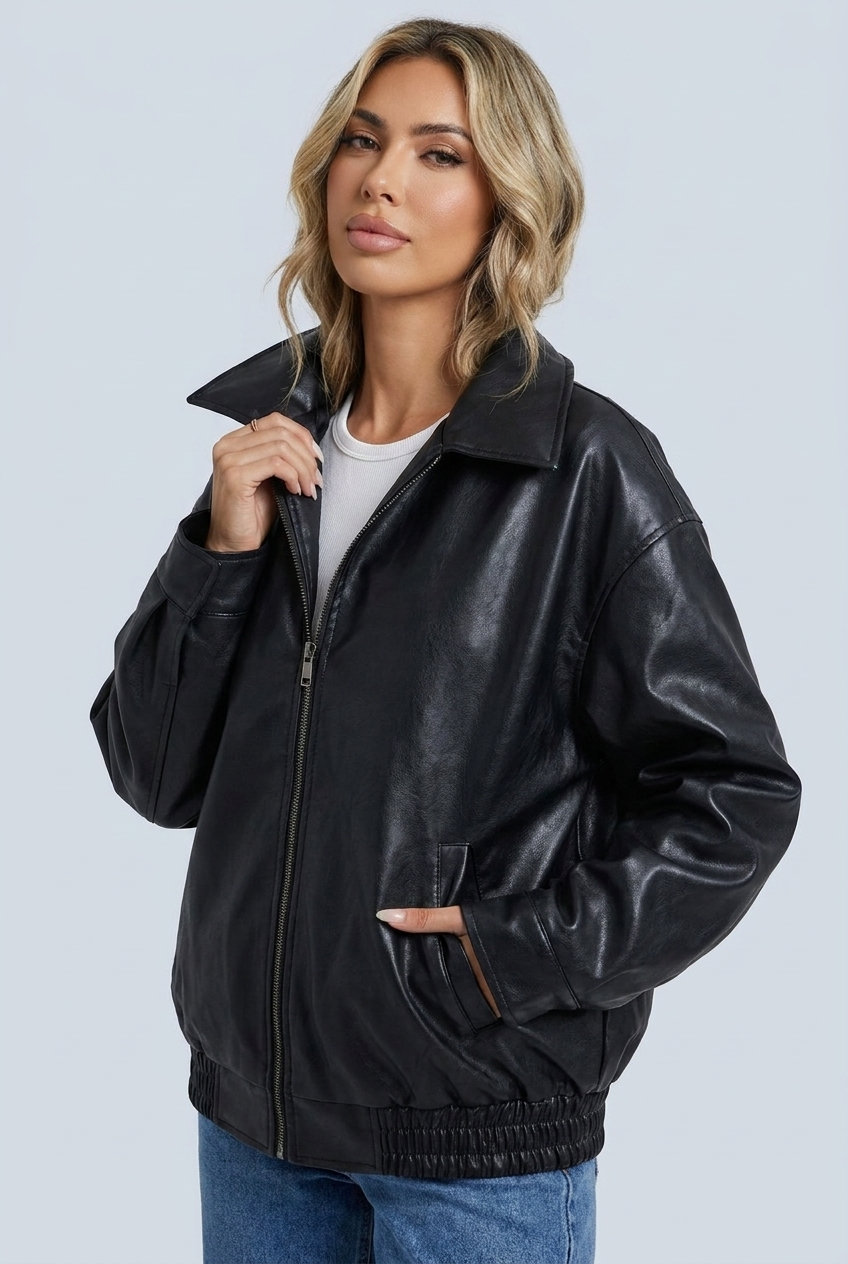 Women's Oversized Leather Style Bomber Jacket with Zip Front and Collar