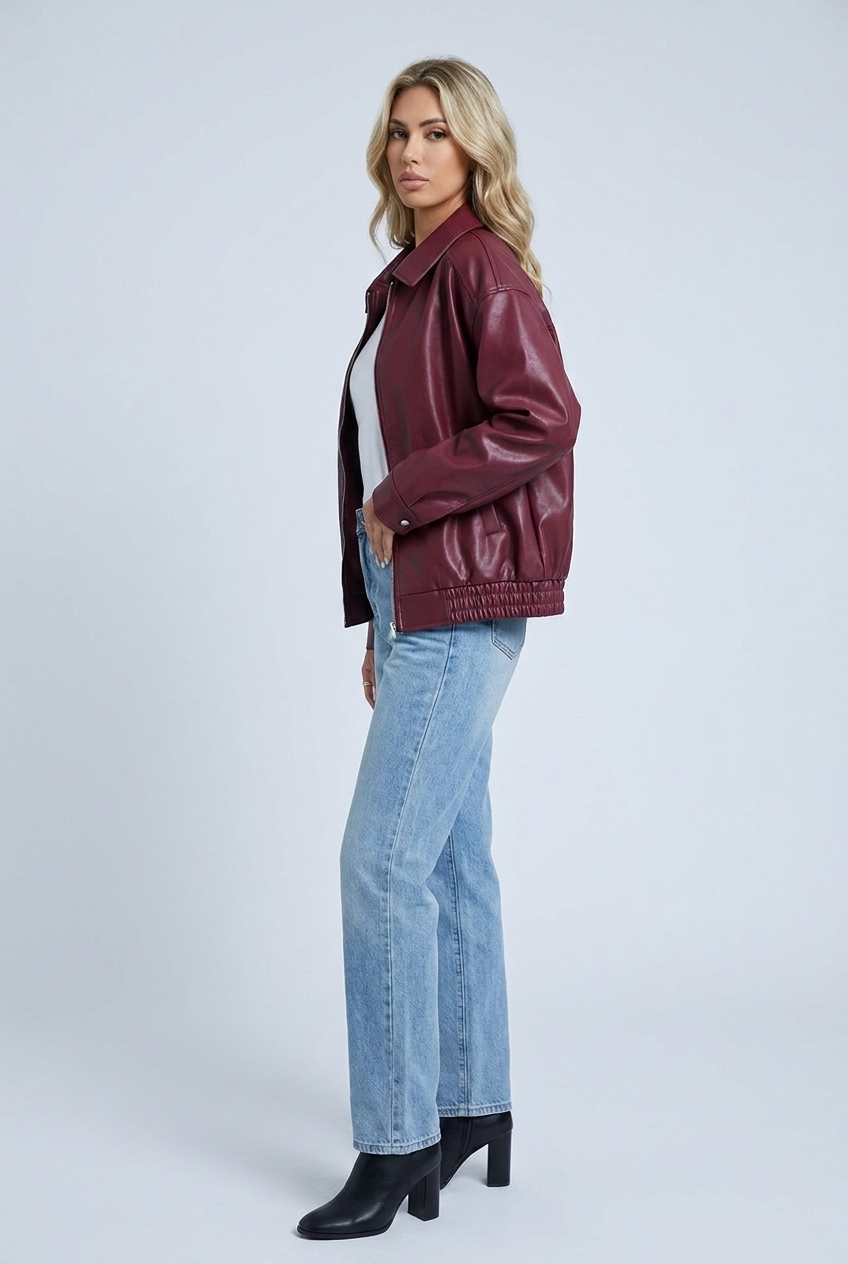 Women's Oversized Leather Style Bomber Jacket with Zip Front and Collar