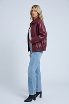 Women's Oversized Leather Style Bomber Jacket with Zip Front and Collar
