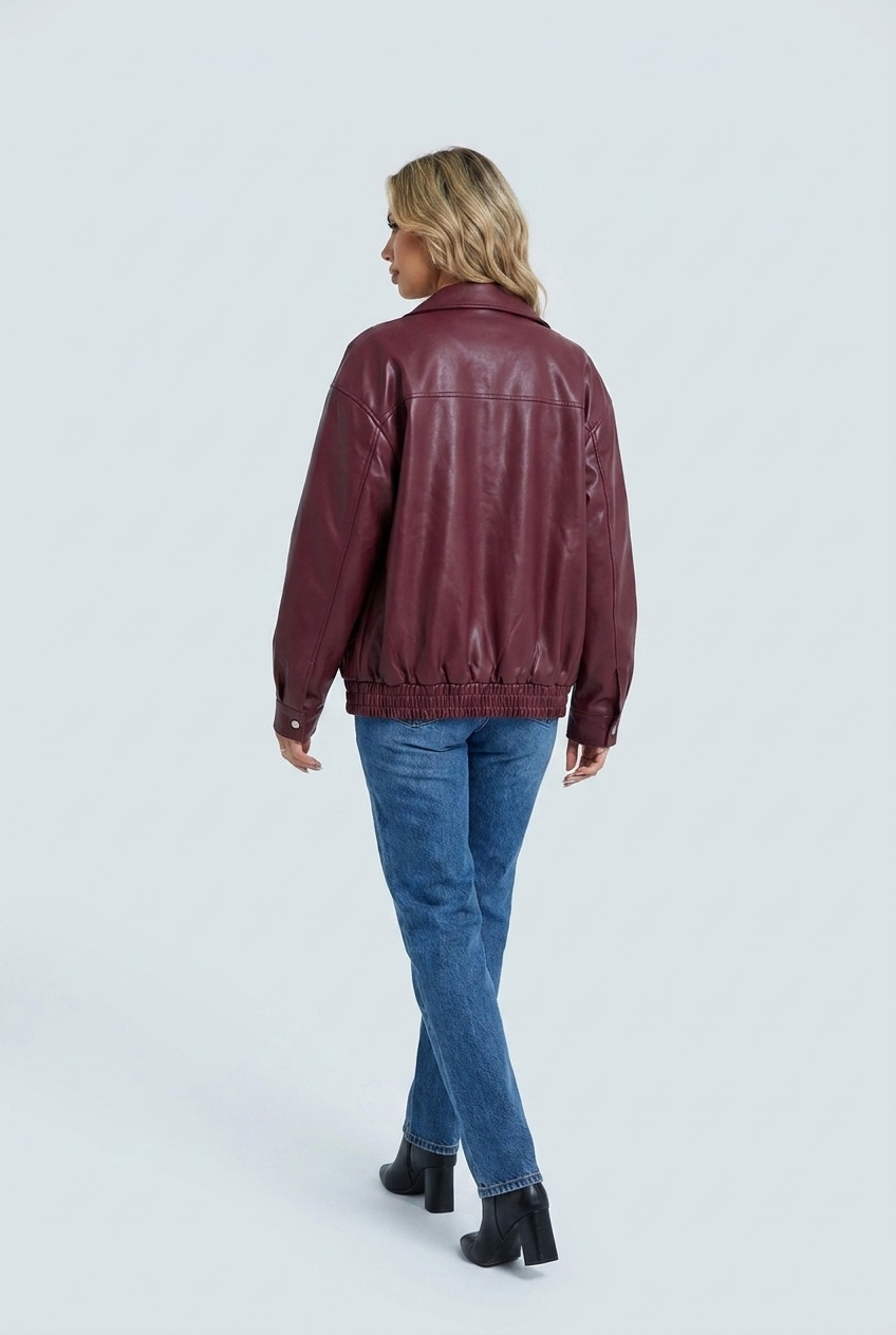 Women's Oversized Leather Style Bomber Jacket with Zip Front and Collar
