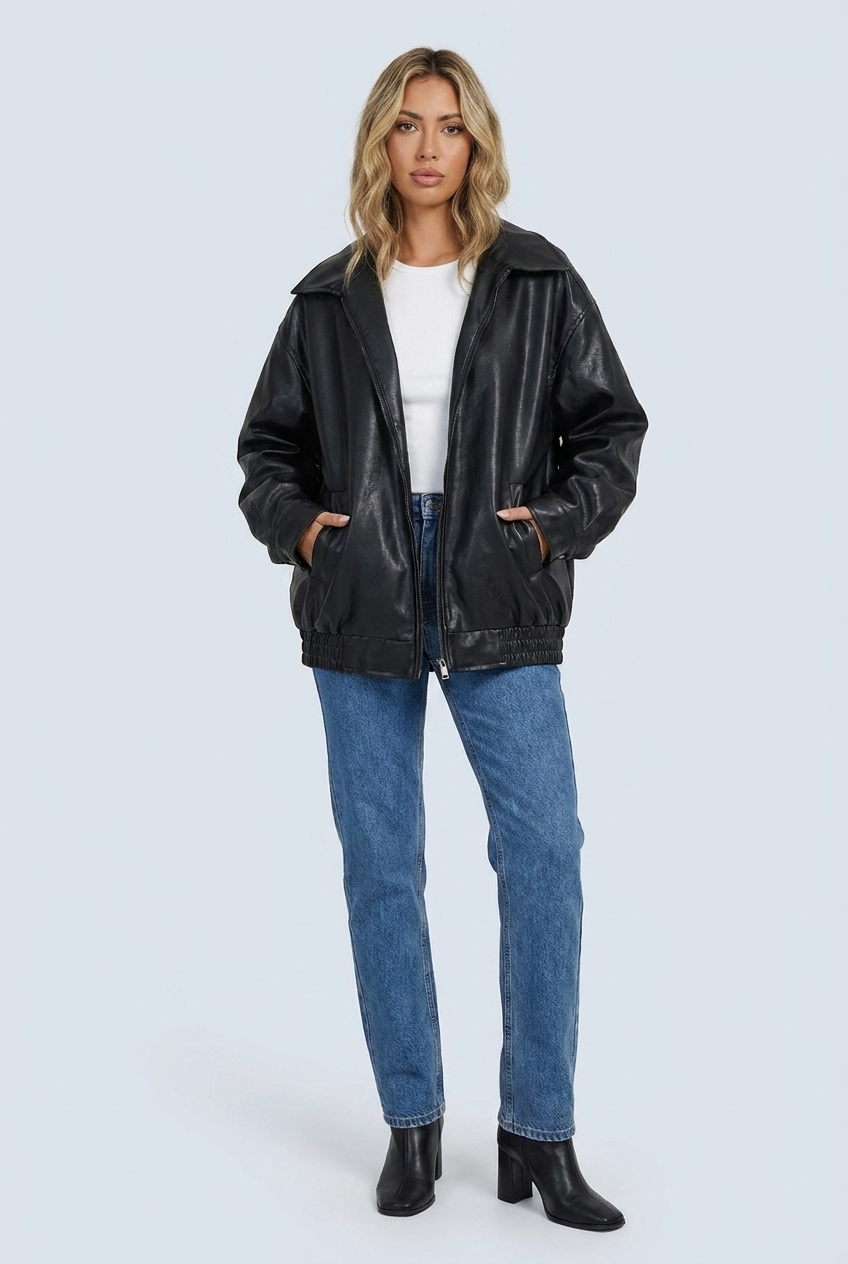 Women's Oversized Leather Style Bomber Jacket with Zip Front and Collar