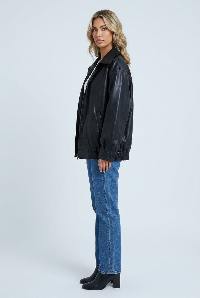 Women's Oversized Leather Style Bomber Jacket with Zip Front and Collar