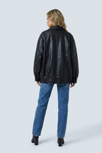 Women's Oversized Leather Style Bomber Jacket with Zip Front and Collar