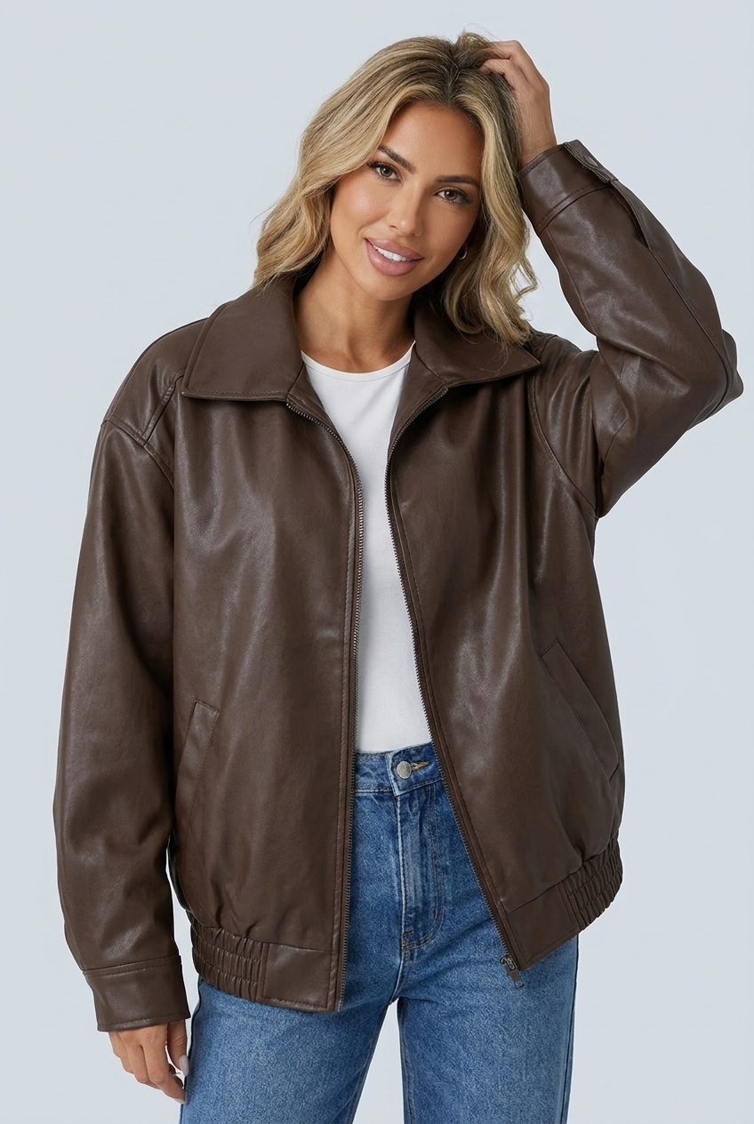 Women's Oversized Leather Style Bomber Jacket with Zip Front and Collar