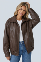 Women's Oversized Leather Style Bomber Jacket with Zip Front and Collar
