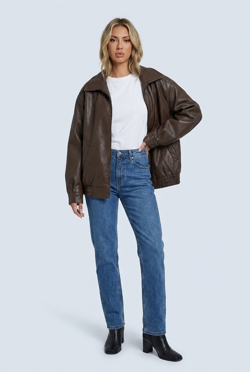 Women's Oversized Leather Style Bomber Jacket with Zip Front and Collar