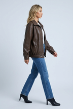 Women's Oversized Leather Style Bomber Jacket with Zip Front and Collar