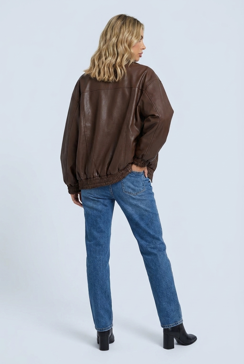 Women's Oversized Leather Style Bomber Jacket with Zip Front and Collar